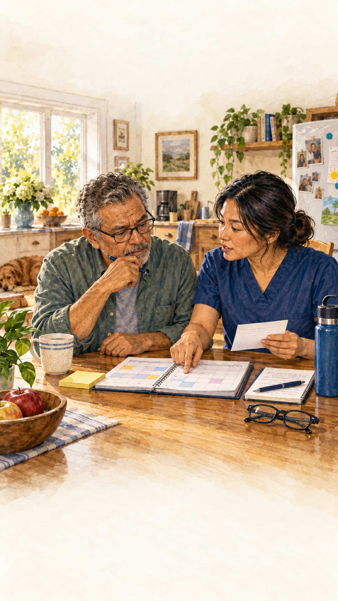 Editorial illustration showing attention, planning, communication, and memory demands within an everyday activity after stroke.