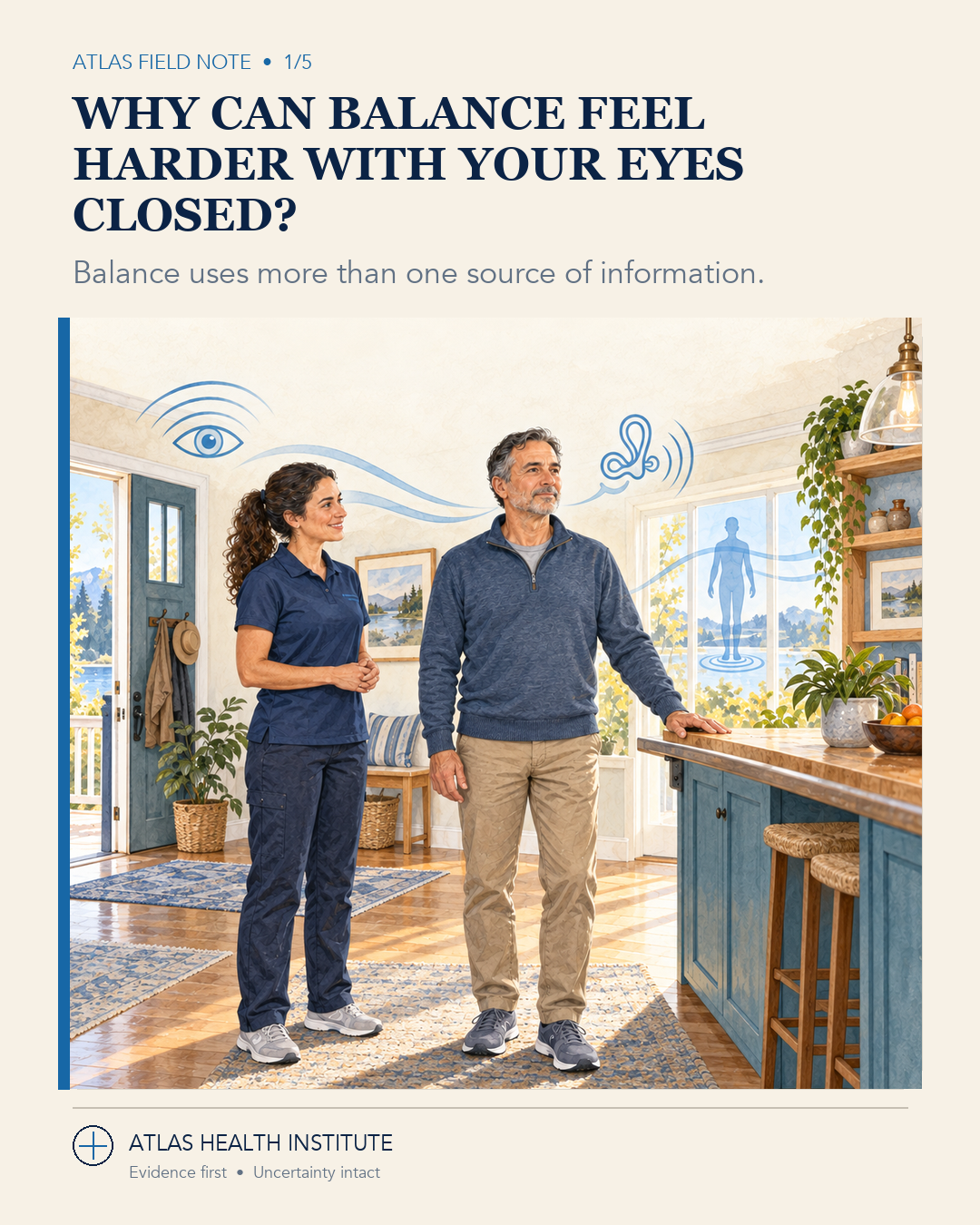 Editorial illustration of an adult standing near stable support as visual, body-position, and inner-ear information contribute to balance.