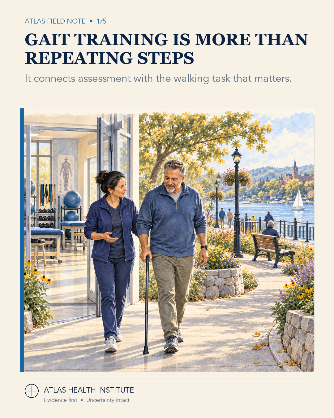 Editorial illustration connecting a supported walking practice area with everyday destinations and changing walking demands.