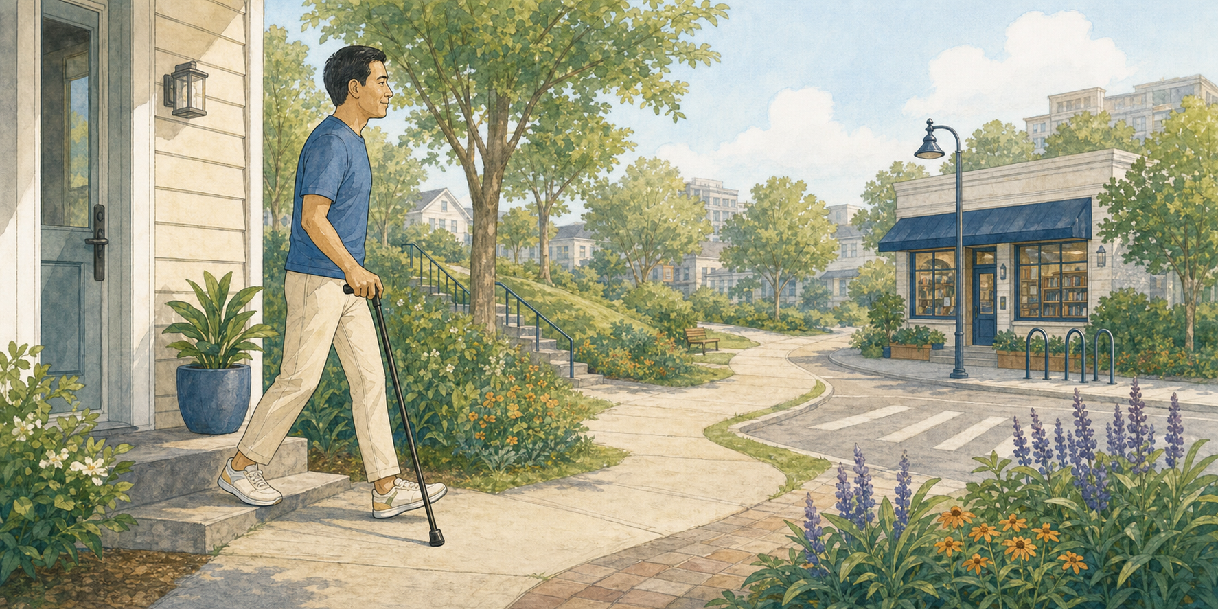 Editorial illustration showing walking after stroke across several everyday environments with support and changing task demands.